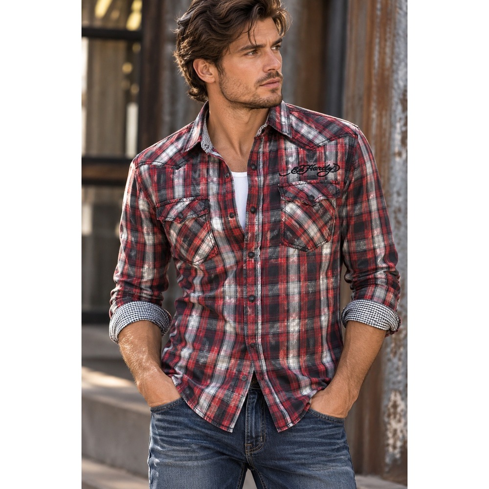 Ed Hardy Mens Small Red Plaid Western Snap Button Down Shirt Embroidered Logo